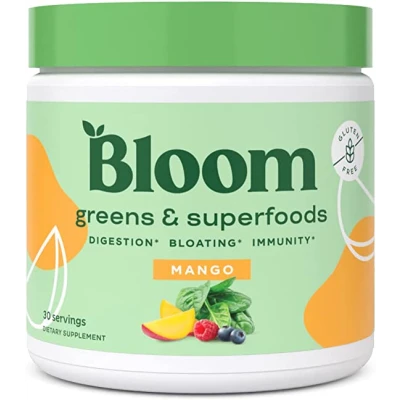 Bloom Nutrition Green Superfood | Super Greens Powder Juice & Smoothie Mix | Complete Whole Foods (Organic Spirulina, Chlorella, Wheat Grass), Probiotics, Digestive Enzymes, & Antioxidants (Mango)