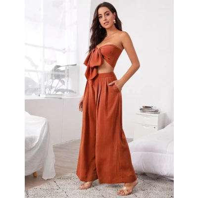 Tie Front Tube Top & Pleated Wide Leg Pants Set